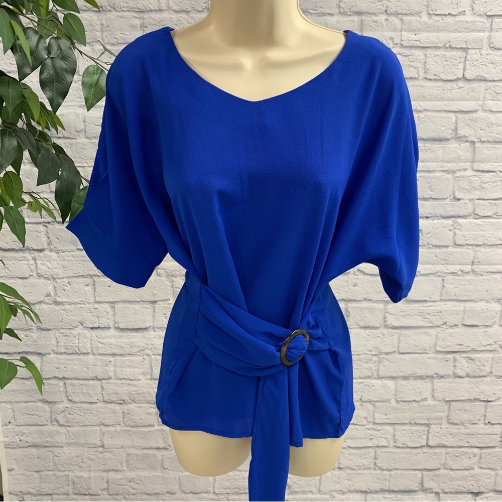 Aconiya Brand blue belted short sleeve batwing blouse
